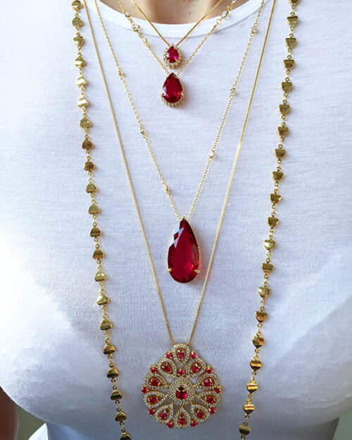 Colar Dourado Semi Joia De Gota Rubelita Brilhante Cravejado - Image 3