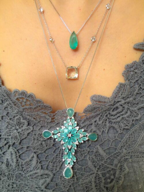 Colar Com Corrente Tiffany Pingente Quadrado Cristal Prata - Image 2