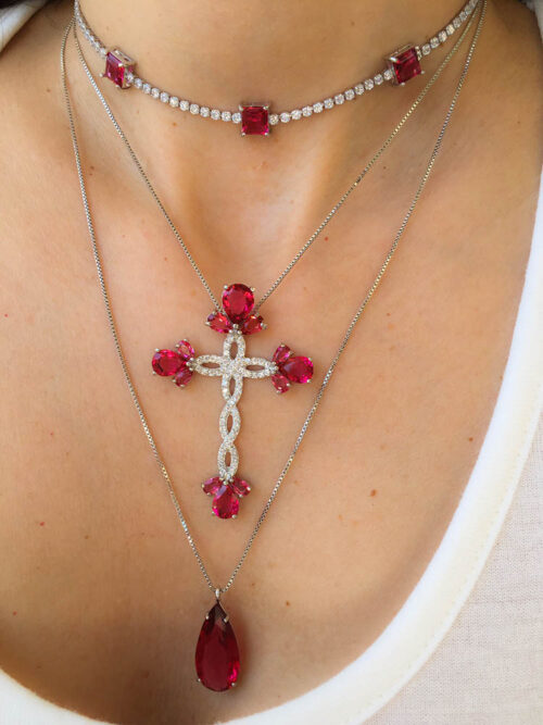 Crucifixo Rubi E Cristal Semi Joias Religiosas Da Moda - Image 2
