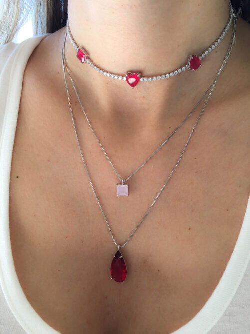 Colar Duplo Gota Alongada Rubelita E Quadradinho Rosa Quartzo - Image 3