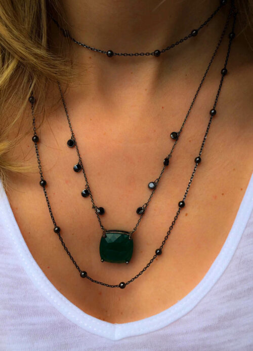 Colar Quadrado Esmeralda Leitosa Corrente Zirconias Black Penduradas Joia Luxo - Image 2