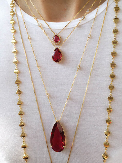Colar Dourado Semi Joia De Gota Rubelita Brilhante Cravejado - Image 2
