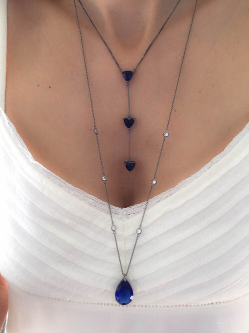 Colar De Gota Azul Com Corrente Longa Tiffany Rodio Negro - Image 3