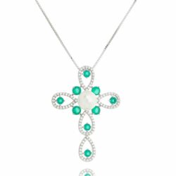 Colar Crucifixo Esmeralda Com Pérolas Semi Joias Da Moda