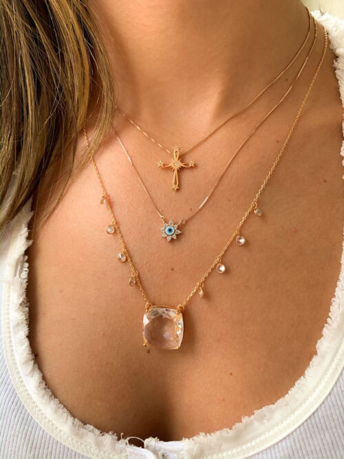 Colar Rosé Quadrado Cristal Corrente Zirconias Penduradas Joia Luxo - Image 2