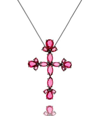 Crucifixo Rodio Negro Com Zirconias Rubelitas Semi Joia