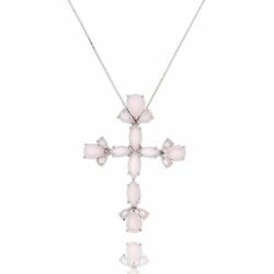 Crucifixo Longo Rosa Quartzo Rodio Semi Joia Religiosa