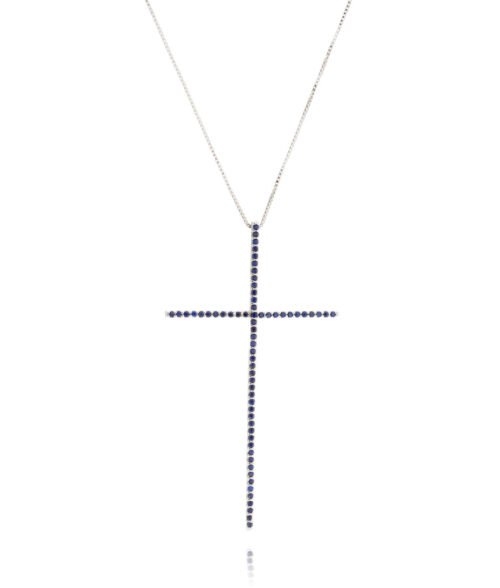 Crucifixo De Zirconias Azuis Banho De Rodio Grande Semi Joia