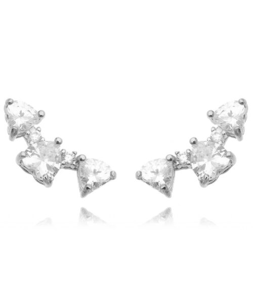 Ear Cuff 3 Corações Zirconias Brancas Rodio Semi Joia Da Moda