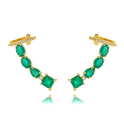 Ear Cuff Prata 925 Luxuoso Cravejado Esmeralda Com Piercing Fake Banho Ouro