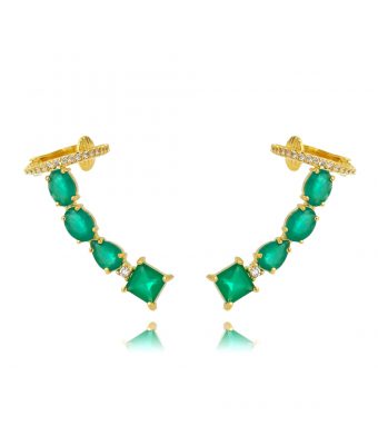 Ear Cuff Prata 925 Luxuoso Cravejado Esmeralda Com Piercing Fake Banho Ouro
