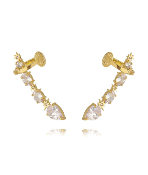 Ear Cuff Com Piercing Fake Zirconias E Estrelinhas Prata 925 Banho Ouro