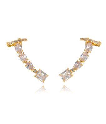 Ear Cuff Prata 925 Luxuoso Cravejado Zirconias Brancas Com Piercing Fake Banho Ouro