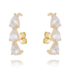 Brinco Ear Hook Dourado De Gotinhas Triplas Zirconias Brancas Waufen Joias