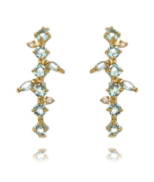 Ear Hook De Prata 925 Luxuoso Agua Marinha Banhado Em Ouro