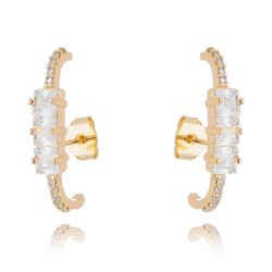 Brinco Ear Hook 3 Quadradinhos Zirconias Brancas Banho Ouro Semi Joia Da Moda