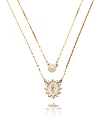Escapulario Nossa Senhora Das Graças Esmaltado E Perola Prata 925 Banho Ouro