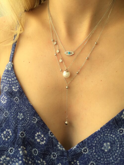 Colar De Perola Delicado Com Tres Zirconias Na Corrente Rodio Semi Joia Fina - Image 2