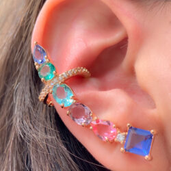 Maxi Ear Cuff Colorido Com Piercing De Pressão Rosé Semi Joia
