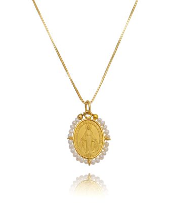 Medalha Exclusiva De Nossa Senhora E Perolas Barrocas Shell Banho Ouro