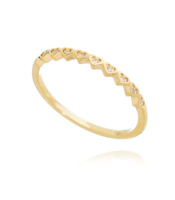Meia aliança fininha skinny ring de corações zirconias prata 925 banho ouro