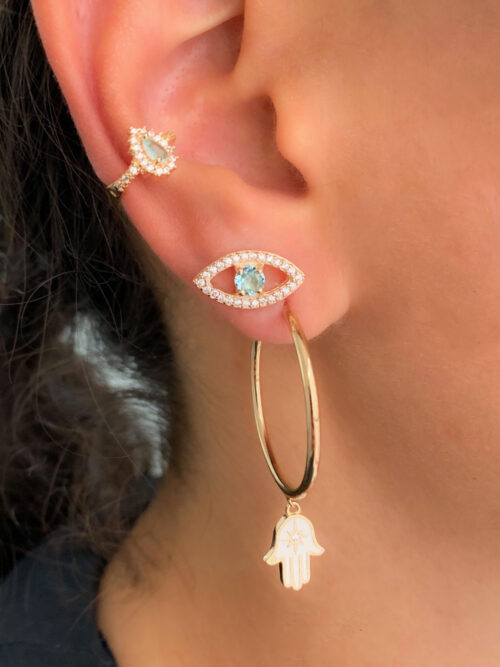 Piercing Fake Pequeno Delicado De Gotinha Cravejada Agua Marinha E Zirconias Prata 925 Banho Ouro (unitário) - Image 2