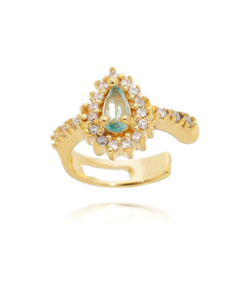 Piercing Fake Pequeno Delicado De Gotinha Cravejada Agua Marinha E Zirconias Prata 925 Banho Ouro (unitário)