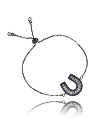 Pulseira Ferradura Ajustavel Safira E Branca Em Rodio Negro Joias