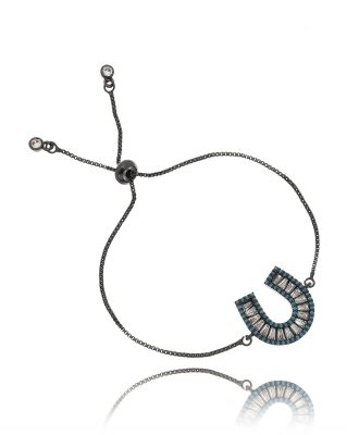 Pulseira De Ferradura Turquesa E Zirconias Brancas Baguetes Rodio Negro