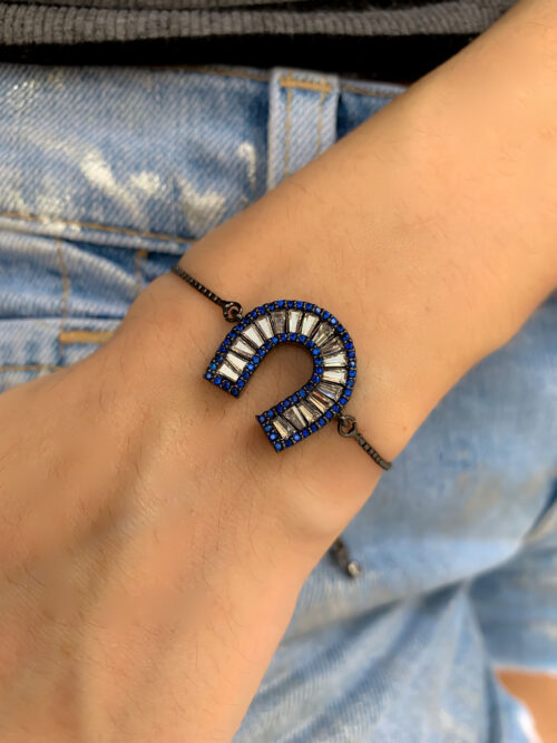 Pulseira Ferradura Ajustavel Safira E Branca Em Rodio Negro Joias - Image 2
