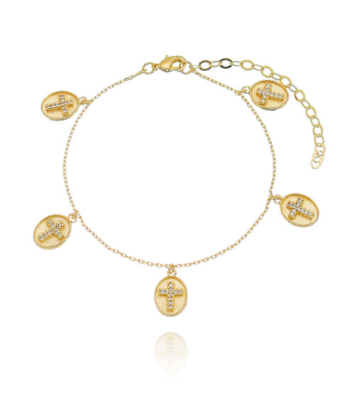 Pulseira 5 Medalhinhas Com Cruz Semi Joia Fina Banho De Ouro 18K