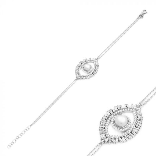 Pulseira De Olho Luxuosa Baguetada Perola Shell Prata 925