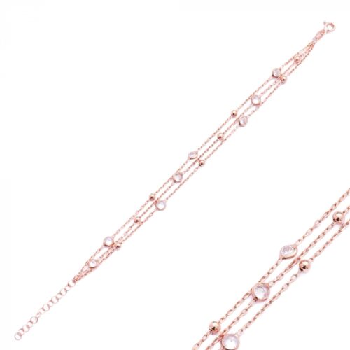 Pulseira 3 Correntes Bolinhas E Zirconias Prata 925 Rosé