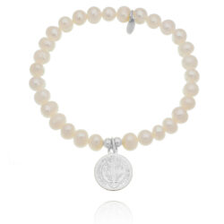Pulseira Perolas Shell Elastico E Medalha São Bento Prata 925