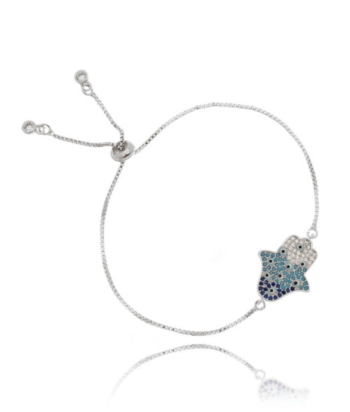 Pulseira Mão De Fatima Com Olhinhos Gregos Azuis Rodio Ajustavel Joia