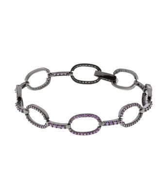 Pulseira Semi Jóia Zirconias Ametistas Banho De Ródio Negro