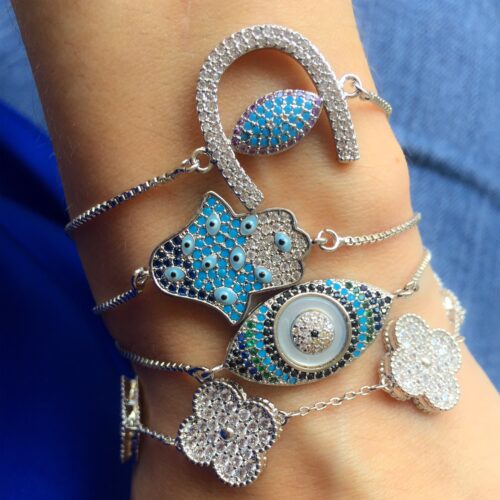 Pulseira Mão De Fatima Com Olhinhos Gregos Azuis Rodio Ajustavel Joia - Image 2