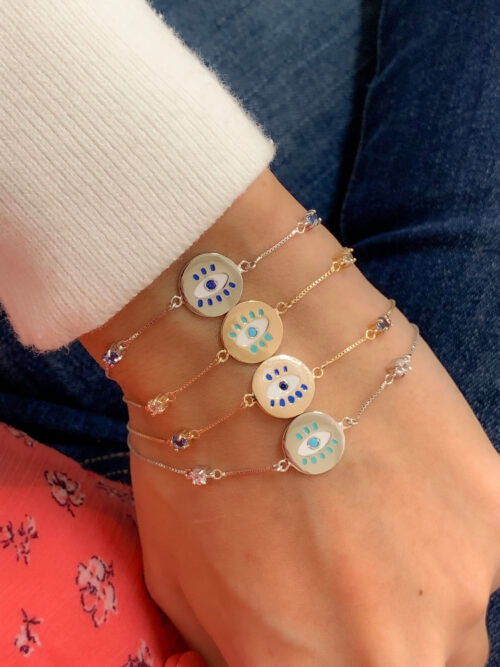 Pulseira Moeda De Olho Grego Esmaltada Safira Prata 925 Banho Ouro - Image 2