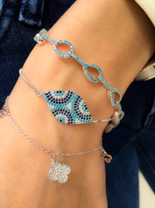 Pulseira Em Rodio Branco De Olho Grego Cravejado Zirconias Joias Da Moda - Image 2