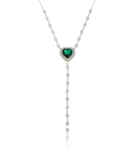 Colar Coração Esmeralda Cravejado Zirconias Brancas Com Gravatinha Rodio Exclusivo