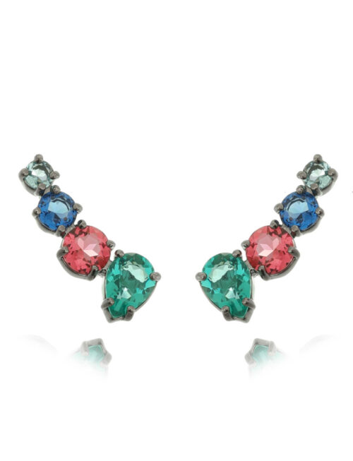Ear Cuff Gota E Pedras Redondas Coloridas Rodio Negro Semi Joia