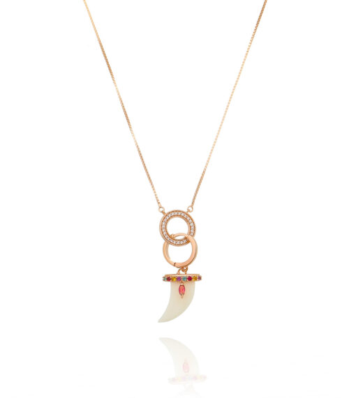 colar dente de sabre branco com espinélios coloridos e banho de ouro rosé joias modernas waufen