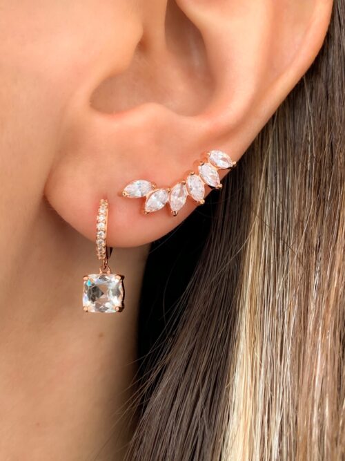 ear cuff de prata 925 com pedras cristais e brinco de argola pequena com ponto de luz quadradinho joias delicadas waufen