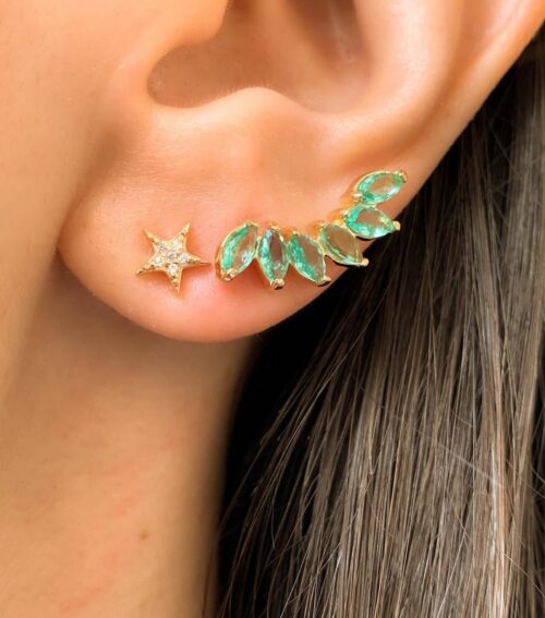 brinco ear cuff turmalina dourado e brinco de estrelinha dourado joias de prata 925 waufen