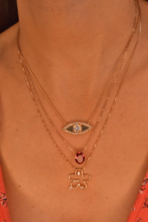 conjunto de colares ouro rose com olho grego, colar com pedra rubelita oval e colar com flor modernas joias de luxo em prata 925 waufen