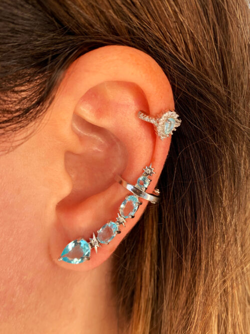 mix de brincos modernos ear cuff agua marinha e piercing delicadinho joias de prata fina waufen