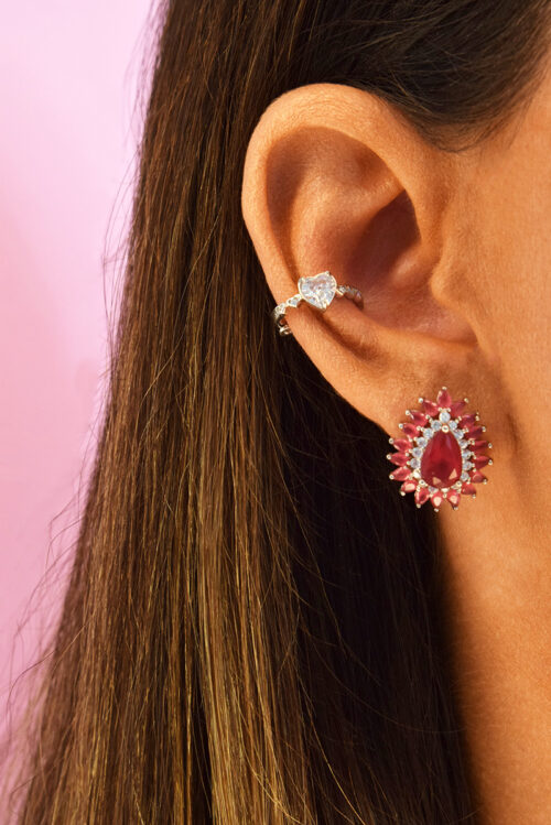 brinco de festa rubi com zirconias cristais e piercing de coração cristao com banho de ródio joias finas em prata 925 waufen