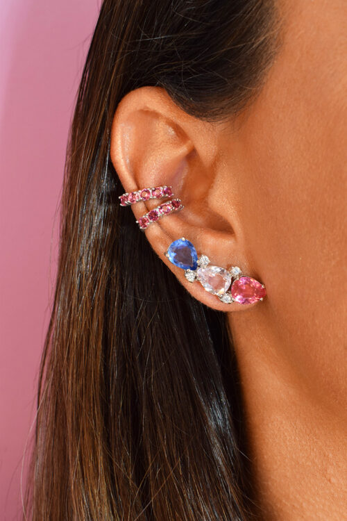 brinco ear cuff com pedras coloridas e piercing com pedras rubelita joias de luxo em prata 925 waufen