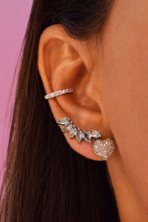 conjunto de brincos da moda com brinco de coração, ear cuff navetinhas agua marinha e piercing delicado em prata 925 joias finas waufen