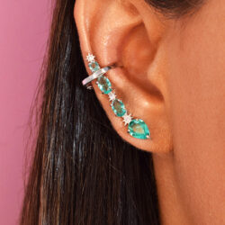 ear cuff de luxo em prata 925 com banho de rodio e pedras turmalina e estrelinhas com ponto de luz e pedras cristais joias finas em prata 925 waufen